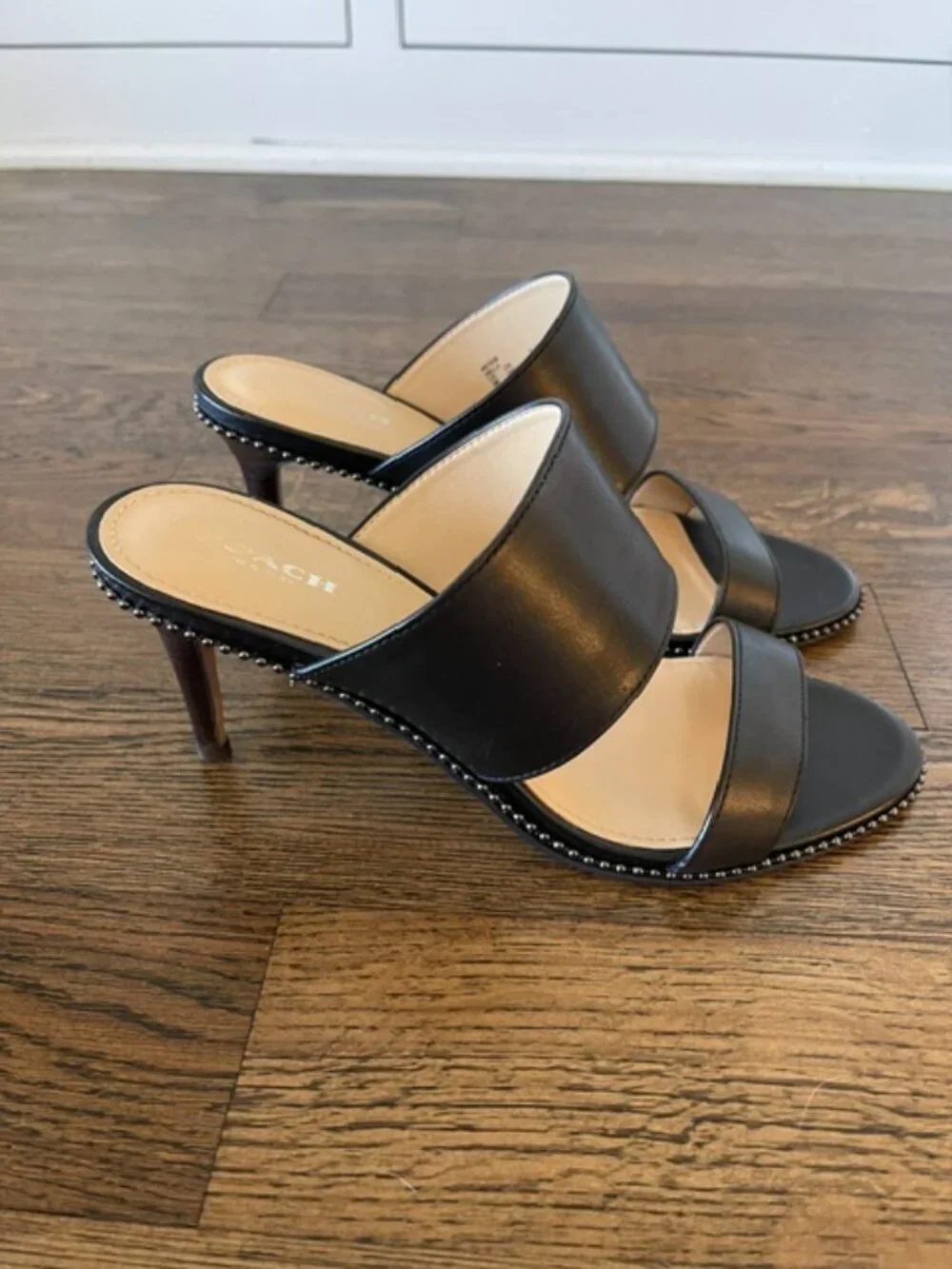 Coach Stella Black Leather Studded Two Strap Heeled Mules Sandals - 9 EUC